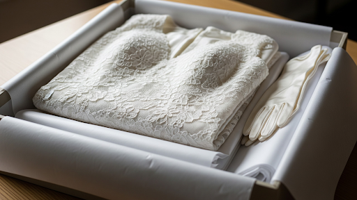Restored wedding dress in preservation box